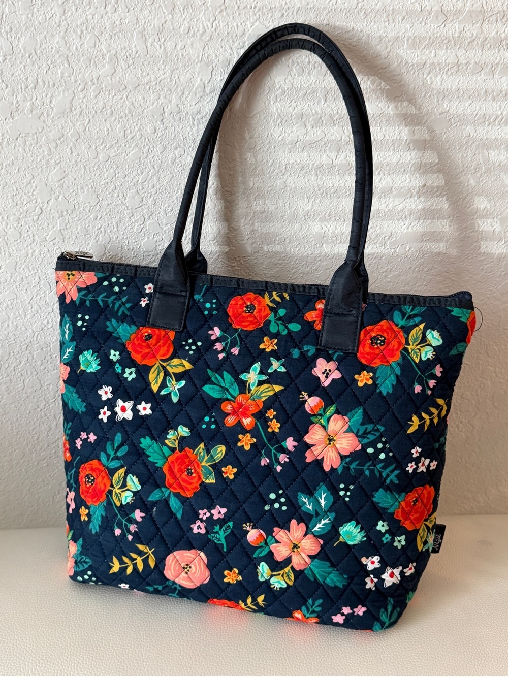 Quilted Floral Tote in Navy with Multicolor Blooms